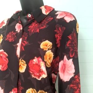 Tahari floral blouse black pink yellow M